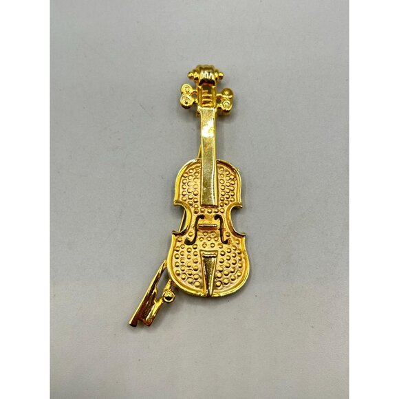 Vintage Gold Tone Violin Pin Brooch Cello Music Orchestra Musical Instrument Pin - Picture 2 of 6